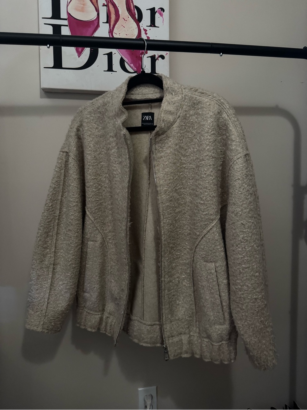 Zara Cream Textured Zip-Front Cardigan